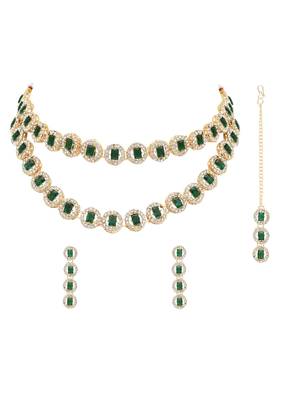 stylish design crystal diamond multi layer necklace with earrings & maang tikka jewellery set  3