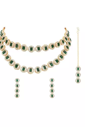 stylish design crystal diamond multi layer necklace with earrings & maang tikka jewellery set 