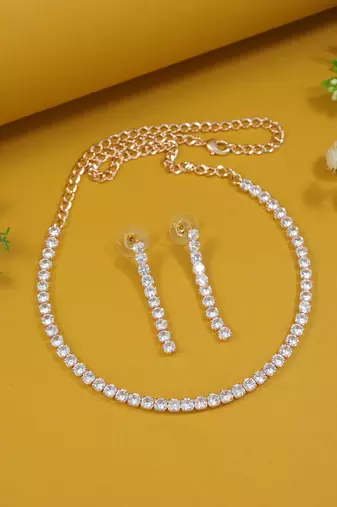 rose gold plated cubic zirconia american diamond necklace with earrings jewellery set 