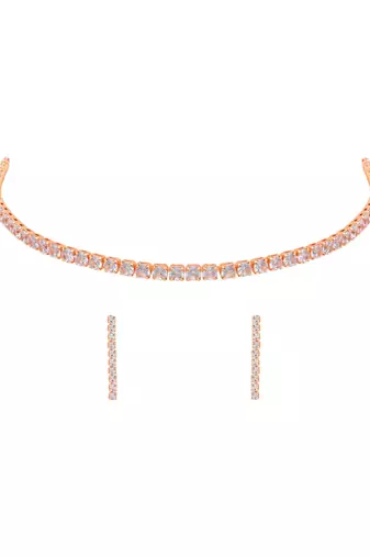rose gold plated cubic zirconia american diamond necklace with earrings jewellery set 