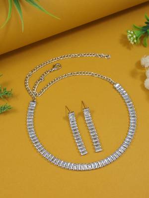 silver plated cubic zirconia american diamond necklace & earrings jewellery set  1