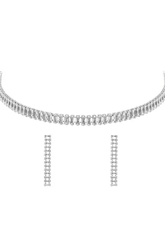 silver plated cubic zirconia american diamond necklace & earrings jewellery set 