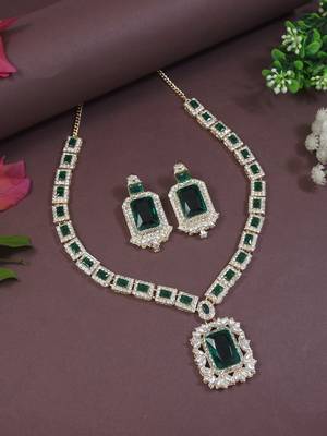 gold plated stylish design crystal diamond necklace & earrings jewellery set for women  1