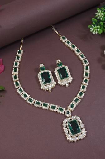 gold plated stylish design crystal diamond necklace & earrings jewellery set for women 