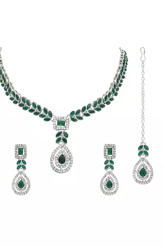 silver plated stylish design crystal diamond necklace jewellery set for women 