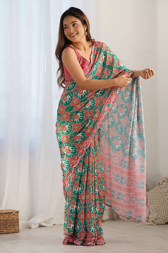 Chiffon digital print scallped border mirror work saree