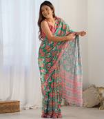 Chiffon digital print scallped border mirror work saree