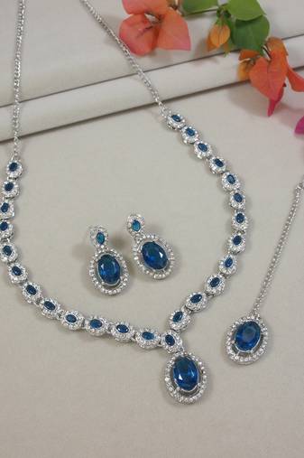 silver plated stylish design crystal diamond necklace jewellery set 