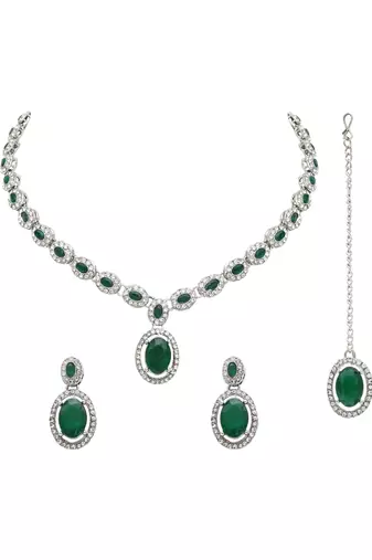 silver plated stylish design crystal diamond necklace jewellery set 