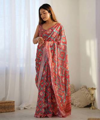 Chiffon digital print scallped border mirror work saree 1