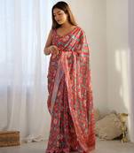 Chiffon digital print scallped border mirror work saree
