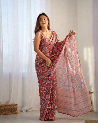 Chiffon digital print scallped border mirror work saree 2