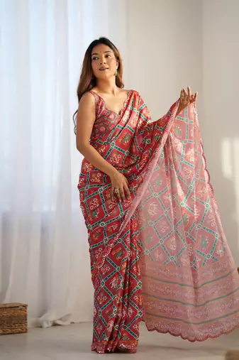Chiffon digital print scallped border mirror work saree