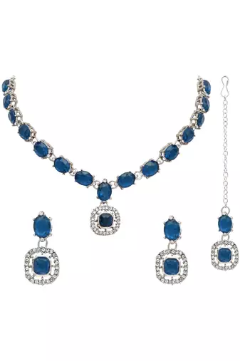 silver plated stylish design crystal diamond necklace & earrings jewellery set 