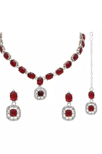 silver plated stylish design crystal diamond necklace & earrings jewellery set 