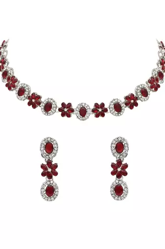 silver plated stylish design crystal diamond necklace & earrings jewellery set 