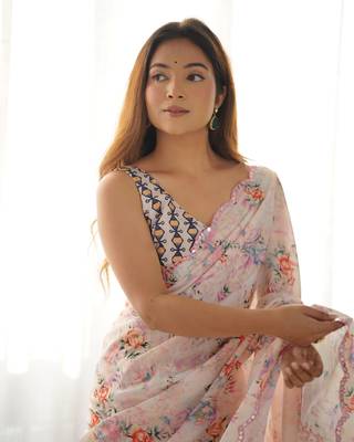 Cream Faux Chiffon FLoral Printed and mirror work Saree for Women 1