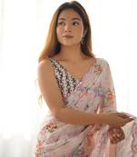 Cream Faux Chiffon FLoral Printed and mirror work Saree for Women