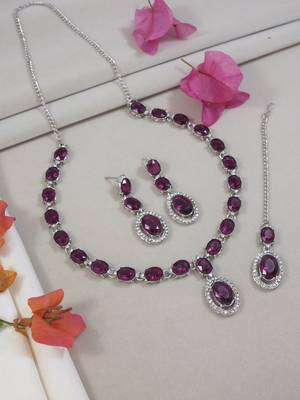 silver plated stylish design crystal diamond necklace jewellery set  1