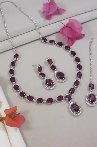 silver plated stylish design crystal diamond necklace jewellery set 