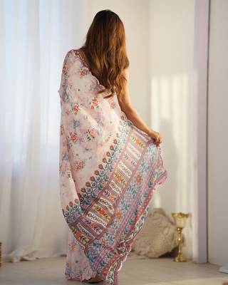 Cream Faux Chiffon FLoral Printed and mirror work Saree for Women 4