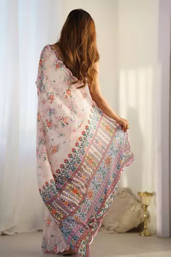 Cream Faux Chiffon FLoral Printed and mirror work Saree for Women