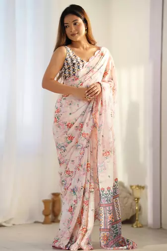 Cream Faux Chiffon FLoral Printed and mirror work Saree for Women