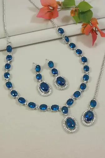 silver plated stylish design crystal diamond necklace jewellery set 