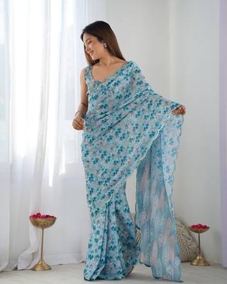 Chiffon digital print scallped border mirror work saree 1