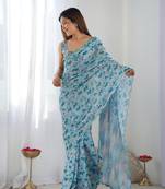 Chiffon digital print scallped border mirror work saree