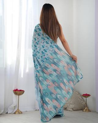 Chiffon digital print scallped border mirror work saree 2