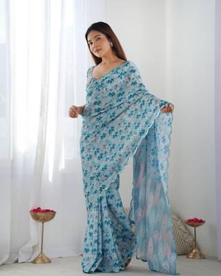 Chiffon digital print scallped border mirror work saree 3
