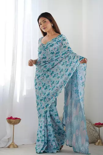 Chiffon digital print scallped border mirror work saree