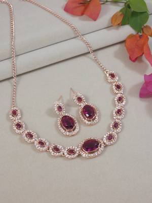 rose gold plated stylish design crystal diamond necklace jewellery set  1