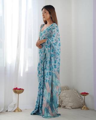 Chiffon digital print scallped border mirror work saree 5