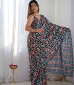 Rama green Chiffon digital print  border mirror work saree