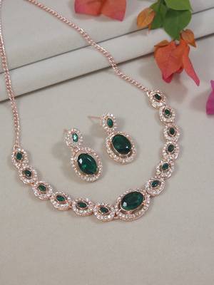 rose gold plated stylish design crystal diamond necklace & earrings jewellery set  1