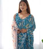 Chiffon digital print scallped border mirror work saree