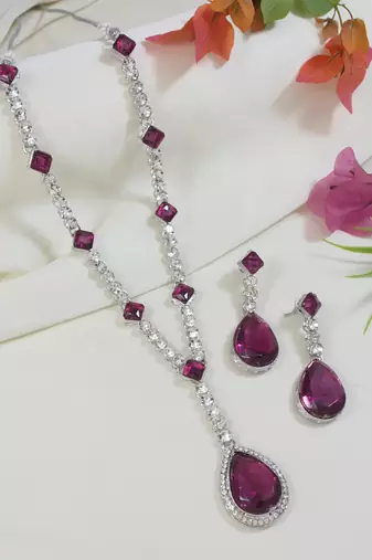 Silver plated crystal drop necklace & earring set for women