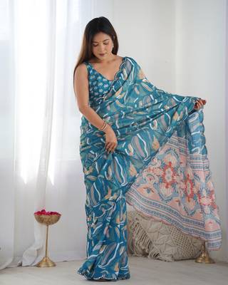 Chiffon digital print scallped border mirror work saree 2
