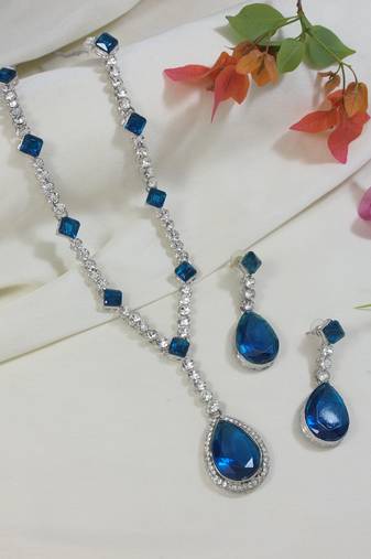 silver plated stylish design crystal diamond necklace & drop earrings jewellery set 