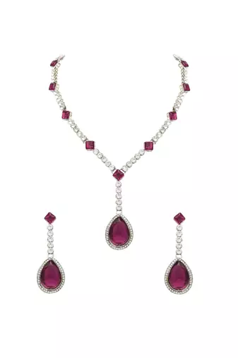 Silver plated crystal drop necklace & earring set for women