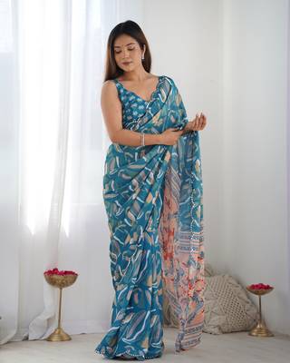 Chiffon digital print scallped border mirror work saree 3