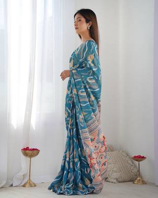 Chiffon digital print scallped border mirror work saree 4