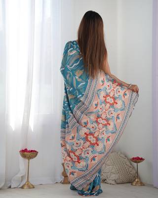 Chiffon digital print scallped border mirror work saree 5