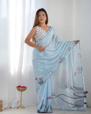Chiffon digital print scallped border mirror work saree 1