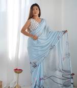 Chiffon digital print scallped border mirror work saree