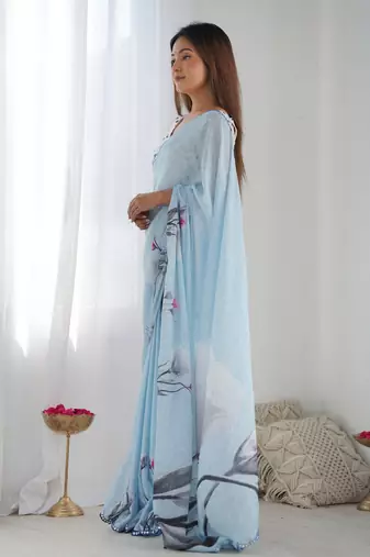 Chiffon digital print scallped border mirror work saree