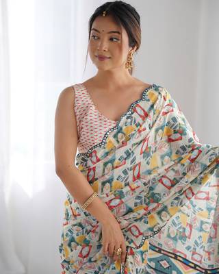 Chiffon digital print scallped border mirror work saree 2
