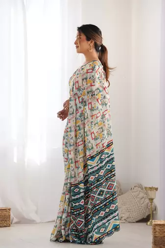 Chiffon digital print scallped border mirror work saree